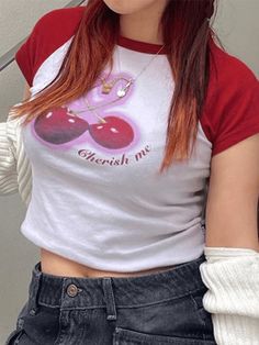 Cherry Print Raglan Short Sleeve Tee - AnotherChill Fruit Clothing, Cherry Girl, Aesthetic Streetwear, Short Women Fashion, Baby Tees Y2k, Summer Streetwear, Shirts For Teens, Cherry Print, Raglan Tee