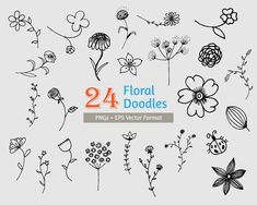 24 floral doodles in black and white