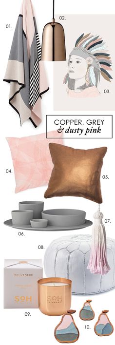 the color scheme for copper, grey and pink is shown in this graphic style with accessories