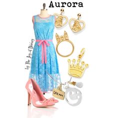 a blue dress with pink shoes and accessories next to the words aurora on top of it