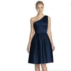 Alfred Sung Dress Blue Midnight Pear De Joie Style #D530-Midnight -E31 Refined And Flattering, This One Shoulder Cocktail Length Peau De Soie Dress Is Perfect For A Bridesmaid. The Simple Silhouette Is Enhanced With A Wide Natural Waistband And Hidden Pockets At The Side Seams Of The Skirt's Full Shirred. Center Back Zip 100% Poly Dry Clean Imported Sizing Tips For This Style Peau De Soie Has No Stretch. If You Are Between Sizes, You May Wish To Size Up From Your Typical Size. The Natural Waist And Bust Measurement Take Priority In This Style. If You Are Over By An Inch Or Two On The Hip It Is Not A Problem. There Is Plenty Of Extra Room In The Skirt To Accommodate. Navy A-line Evening Dress, Navy A-line Dress For Formal Occasions, Navy Knee-length Evening Dress, Elegant Navy Evening Dress, Navy Fitted Bridesmaid Dress, Navy Midi Length Evening Dress, Elegant Navy A-line Midi Dress, Elegant Navy A-line Dress, Navy Knee-length Cocktail Dress