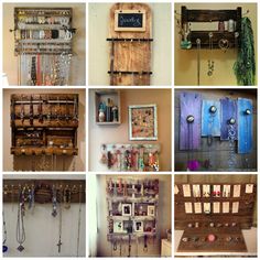 there are many different items on display in this collage, including necklaces and earrings