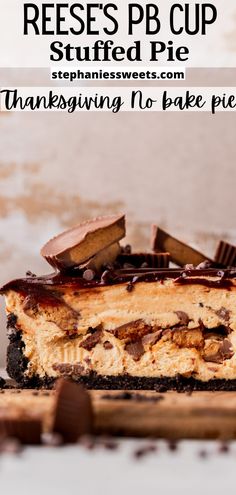 a slice of reese's pb cup cheesecake on a plate