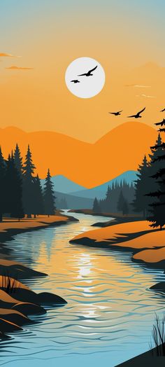 a painting of birds flying over a river at sunset