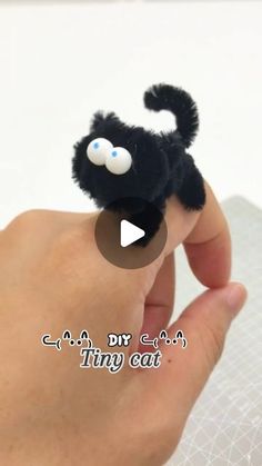 a hand holding a tiny black cat toy