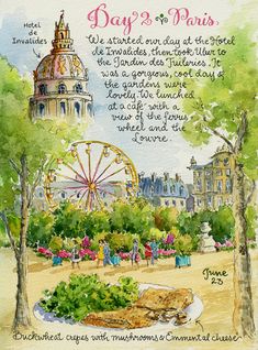 a watercolor painting of a park and ferris wheel with the words day 2 paris on it