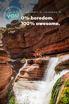 two people sitting on the edge of a waterfall with text overlay that reads, here you are 70 % bedroom 100 % awesome