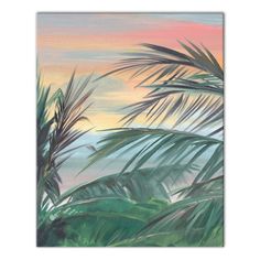 a painting of palm trees in front of a sunset