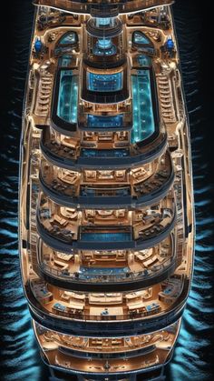 an aerial view of a cruise ship at night