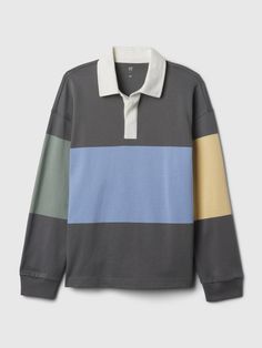 Soft cotton rugby polo shirt.  Polo collar with button placket.  Long sleeves.  Certain styles have allover colorblock.  Straight, easy fit.  Hits at the hip. Teacher Wardrobe, Rugby Polo, Brand Collaboration, Gap Kids, Rugby Shirt, Polo Collar, Toddler Gifts, Sweater Jacket, Rugby