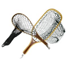 two fishing nets on a white background, one is black and the other is gold