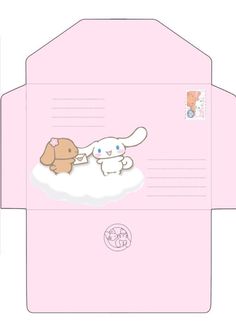 a pink envelope with an image of a bunny and a dog on the inside of it