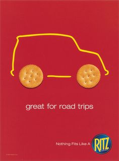 a red car with two crackers on it's side and the words great for road trips