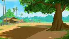 a painting of a dirt road in front of a tree and huts on the other side