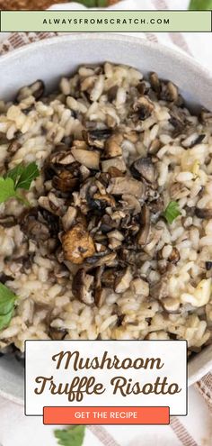 mushroom truffle risotto in a white bowl with parsley on top