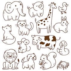 an image of different animals and birds in black and white line art on a white background