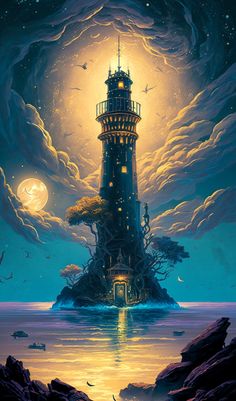 a painting of a lighthouse in the ocean at night