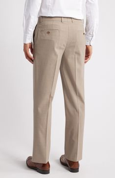 Smart and versatile, these dress pants tailored from polished wool feature a touch of stretch to keep you moving comfortably at any formal occasion. 36 1/2" inseam; 15" leg opening; 9 1/2" front rise; 15" back rise (size 30) Zip fly with hook-and-bar closure Front slant pockets 96% wool, 4% elastane Dry clean Imported Elegant Wool Bottoms For Office, Wool Business Casual Suits With Tapered Leg, Tailored Wool Suits With Tapered Leg, Wool Tapered Leg Business Casual Suit, Wool Tapered Leg Suits For Business Casual, Classic Beige Dress Pants With Straight Hem, Wool Straight Leg Business Casual Suit, Wool Dress Pants For Business Casual With Tapered Leg, Tailored Wool Bottoms For Office Wear