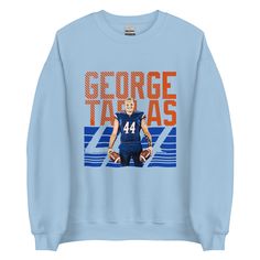 George Tarlas "Gameday" Sweatshirt - Fan Arch Shop Logo Design, Shop Logo, Fitted Sweater, Air Jet, Knit Collar, White Sweatshirt, Rib Knit, Light Blue, Logo Design