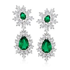 Ross-Simons - 15.50ct t. w. Cubic Zirconia, 12.00ct t. w. Simulated Emerald Drop Earrings. Covet the look of luxury at an incredible value. A stunning green hue beams from 12.00 ct. t. w. pear-shaped simulated emeralds that are each wreathed in beautiful icy frames of 15.50 ct. t. w. marquise CZs. Crafted in polished sterling silver. Hanging length is 2". Post/clutch, CZ and simulated emerald drop earrings. CZ weights are diamond equivalents. Emerald birthstones are the perfect gift for May birt Emerald Drop Earrings, Emerald Earrings Drop, Formal Earrings, Cocktail Earrings, Emerald Birthstone, Wedding Women, Kay Jewelry, Green Jewelry, Emerald Color