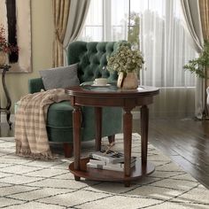 a living room scene with focus on the coffee table and chair, which is surrounded by curtains