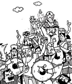 a black and white drawing of many people