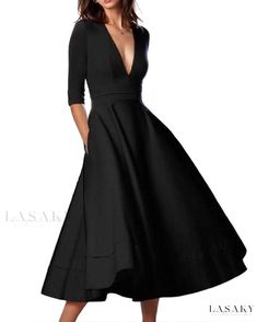 Lasaky - Elegant V-Neck Long Sleeve Maxi Dress: Unveiling Timeless Charisma Plus Size Cocktail Dresses, Plus Size Party Dresses, Tadashi Shoji, Solid Color Dress, Midi Dress Party, Vestidos Vintage, Midi Dress With Sleeves, Long Sleeve Maxi, Tea Length