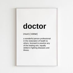 a white poster with the words doctor in black lettering on it's front and back