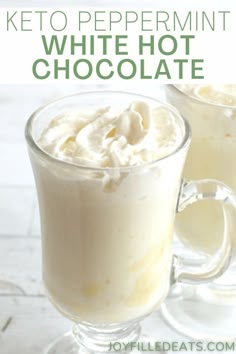 keto peppermint white hot chocolate in glass mugs with whipped cream on top