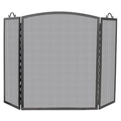 a black fireplace screen with two open sides and one closed, on an isolated white background