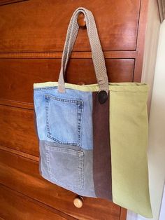 "Gorgeous handbag just in time for spring! Perfectly sized (18\" wide and 15\" high) for everyday use. Uniquely upcycled bag handmade to fit your original style. Lined with colorful plaid fabric to accent the casual and durable denim, corduroy, and green linen exterior. No two bags are alike, so make this yours! Perfect for someone special and unique in your life - or, of course, you could treat yourself:)" Green Casual Upcycled Bags, Casual Green Upcycled Bags, Everyday Green Upcycled Shoulder Bag, Spring Handbags, Upcycled Textiles, Upcycled Bag, Plaid Fabric, Bag Handmade, Just In Time