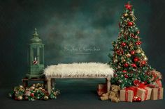 a christmas tree and presents in front of a bench with a birdcage on it