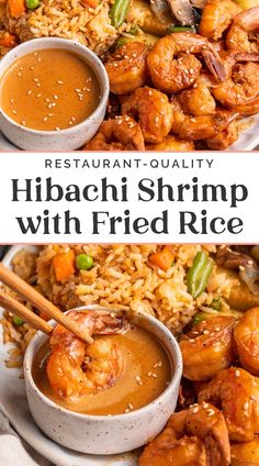 a plate with shrimp, rice and sauce on it that says restaurant quality hibashi shrimp with fried rice