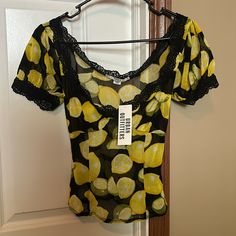 Brand New Never Worn With Tags Kimchi Blue Top From Urban Outfitters Summer 2024 Fitted Summer Top With Lemon Print, Fitted Summer Tops With Lemon Print, Fitted Lemon Print Summer Tops, Fitted Tops With Lemon Print For Summer, Fitted Lemon Print Tops For Summer, Fitted Yellow Printed Tops, Urban Outfitters Summer, Burgundy Crop Top, Ruffle Long Sleeve Blouse