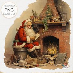 a painting of santa claus sitting in front of a fire place reading a book next to a fireplace