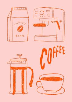 an illustration of coffee being made in front of a coffee maker and cup with the word coffee written on it