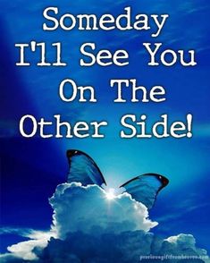 a blue sky with white clouds and two butterflies flying above it, the caption reads, some day i'll see you on the other side