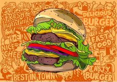 a drawing of a hamburger with lettuce, tomato and cheese