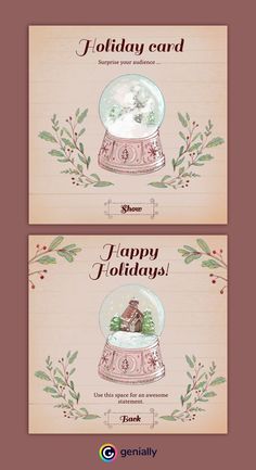 two christmas cards with snow globes and holly wreaths on the bottom, one is for