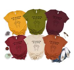 Friends Turkey - Unisex Short Sleeve T-Shirt We use Bella + Canvas 3001 premium t-shirts which have a soft and light feel, It's very comfy and with it's unisex sizing it's perfect for both men and women. Fun Holiday Shirts For The Entire Family! Discounts Available On Bulk Orders! Don't See A Shirt Color You Like?  We Have Many More Shirt Color Options Available!  BRAND & MATERIAL: Bella + Canvas - Unisex Short Sleeve Jersey Tee - 3001 - 4.2 oz., 100% airlume combed and ringspun cotton, 32 singl Friendsgiving Shirts, Thanksgiving Tshirts, Thanksgiving Friends, Friends Shirts, Friends Giving, Friend Shirts, Friends Thanksgiving, Funny Thanksgiving Shirts, Food Shirt