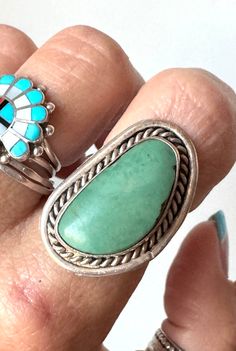 Southwest Native American Navajo handmade green turquoise vintage turquoise ring size 8 Southwestern Green Turquoise Ring With Large Stone, Southwestern Style Green Turquoise Ring With Large Stone, Southwestern Style Collectible Turquoise Ring, Vintage Green Turquoise Ring, Southwestern Style Green Turquoise Collectible Ring, Adjustable Green Turquoise Southwestern Ring, Southwestern Green Oval Turquoise Ring, Southwestern Green Ring With Large Stone, Southwestern Green Oval Rings