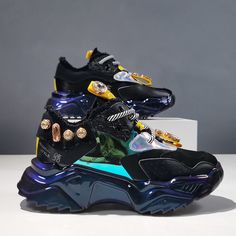 CERULEAN+GAVIN+CHUNKY+SOLE+LEATHER+SNEAKER+WITH+RHINESTONE Luxury Custom Sneakers With Rhinestones For Streetwear, Luxury Rhinestone Custom Sneakers For Streetwear, Luxury Custom Sneakers With Laces For Women, Dark Blue Sneakers, Ugly Shoes, Costume Shoes, Blue Sneakers, Perfect Shoes, Shoe Style