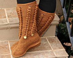 Knit- Look Braid Stitch Long Boots (Adult Sizes) Braid Stitch, Knit Projects, Crochet Boots, Crochet Socks, Crochet Motifs, Boot Cuffs, Crochet Shoes, Yarn Brands, How To Make Shoes