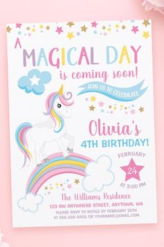 🏷️$1.90 📢Before Discount - 🎁 Cute unicorn birthday party invitations. This fun design features a sweet unicorn illustration, stars and a rainbow. Trendy pink, purple, blue and yellow colors with a touch of faux gold glitter. You can edit this unicorn girl birthday invitation template yourself! 🥳🎉🥂🎁🔥 unicorn birthday, rainbow unicorn birthday, enchanted unicorn invitations, rainbow unicorn party, magical unicorn birthday, unicorn magic party, cute, pink and purple, Illustration Stars, Baby Birthday Invitation Card, Rainbow Unicorn Birthday Invitations, Birthday Invitations Zazzle, Rainbow Unicorn Party, Baby Birthday Invitations