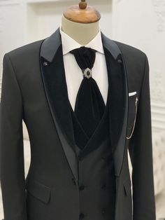 GentWith Destin Slim Fit Velvet Peak Lapel Wedding Suit - Black Black Suit Wedding, Flower Chain, Suit Collection, Pants Gift, Suit Material, Code Black