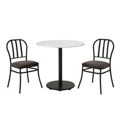 the table and two chairs are black with white marble top, one is dark brown