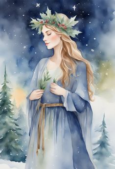 a watercolor painting of a woman in the snow with holly wreath on her head