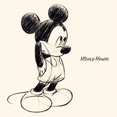 a drawing of mickey mouse in black and white