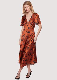 Elevate your style with the Sepia Dahlia Midi Dress, where rich deep red meets navy blue floral elegance! The flattering deep V-neck and fluttering short sleeves complement the slim silhouette, making it a versatile and chic addition to your wardrobe. Style # WDWC23009 Imported Model is 5 ft 9 inches; Bust: 32", Waist: Orange Midi Dress, Midi Short Sleeve Dress, Brown Floral, Floral Dress Black, Wedding Bridesmaids, Deep Red, Deep V Neck, Empire Waist, Black Heels