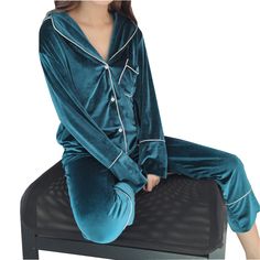 Elegant Soft Pajamas Women Sleepwear Spring Winter Warm Plus Size Long sleeved Velvet Pyjama Suit Nightwear 2 Pieces Pajama Set-in Pajama Sets from Women's Clothing & Accessories on Aliexpress.com | Alibaba Group Velvet Night Suit, Night Suit For Winter, Pijamas Women, Casual Outwear, Night Suit, Autumn Casual, Sleepwear Sets, Notch Collar, Night Out Dress